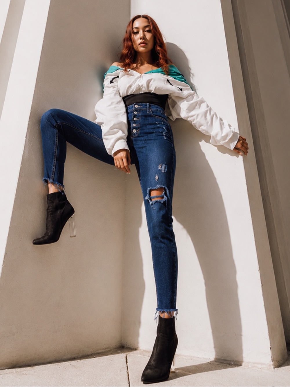 Free People Reagan Distressed Ripped Skinny Jeans Button Fly Blue Size 28